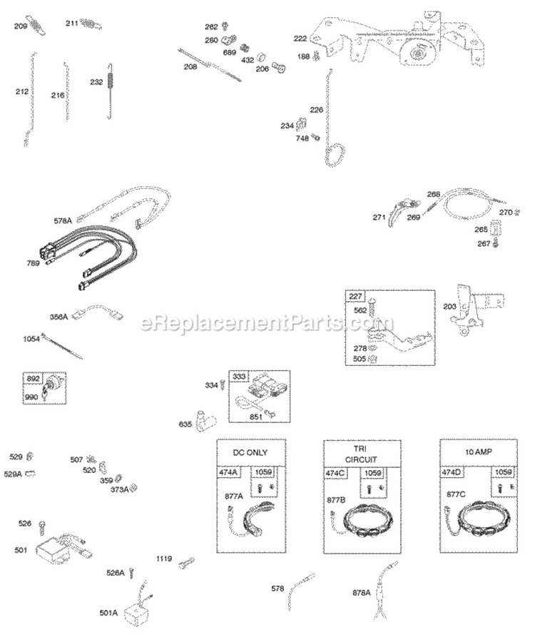 Alternator Controls Governor Spring Ignition Wire Diagram and Parts List for 350776-1046-A2  Briggs and Stratton Engine